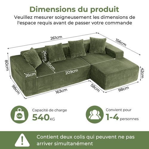 Canapé Modulaire Compressé 3 Places Velours Côtelé,chaise Longue Droite,vert