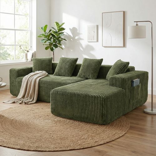 Canapé Modulaire Compressé 3 Places Velours Côtelé,chaise Longue Droite,vert