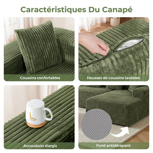 Canapé Modulaire Compressé 3 Places Velours Côtelé,chaise Longue Droite,vert