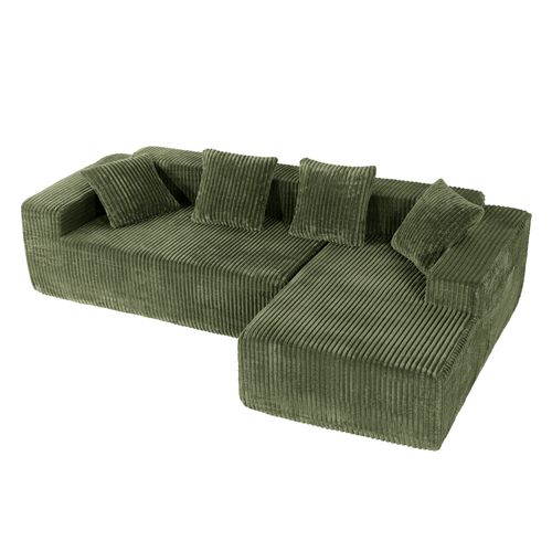 Canapé Modulaire Compressé 3 Places Velours Côtelé,chaise Longue Droite,vert