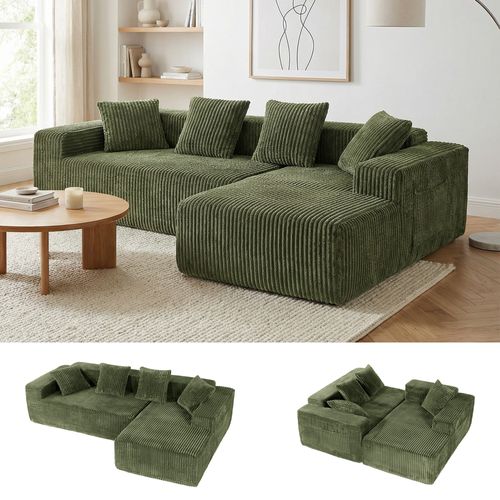 Canapé Modulaire Compressé 3 Places Velours Côtelé,chaise Longue Droite,vert