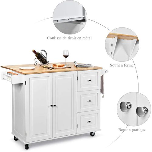 Desserte De Cuisine Sur Roulettes, Îlot Central Cuisine Plateau En Bois D'hévéa Pliable, Blanc