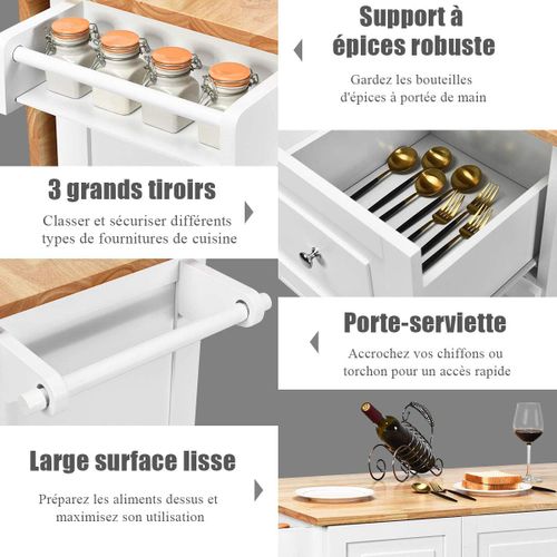 Desserte De Cuisine Sur Roulettes, Îlot Central Cuisine Plateau En Bois D'hévéa Pliable, Blanc