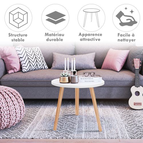 Table Basse Ronde Style Scandinave Moderne En Mdf Et Bois De Pin Dim. Ø40 X 48h Blanc