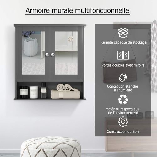 Armoire De Salle De Bain/meuble De Salle De Bain Mural Avec 2 Portes à Miroir, 56,5 X 13,5 X 58,5cm