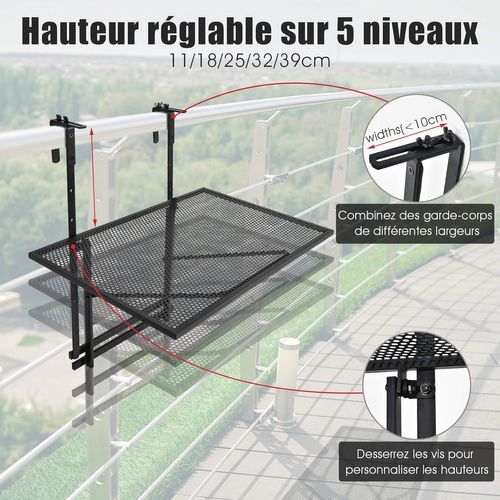 Table De Balcon Suspendue, Table De Jardin Rabattable Hauteur Réglable Sur 5 Niveaux Noir