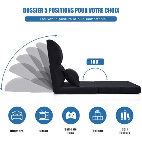 Chaise Longue Réglable Fauteuil Relax De Sol Matelas Pliant,Canapé Paresseux Avec Pouf,Noir