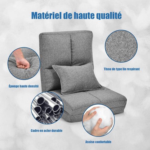 Chaise Longue Réglable Fauteuil Relax De Sol Matelas Pliant,Canapé Paresseux Avec Pouf,Gris