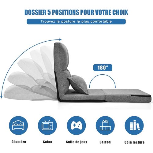 Chaise Longue Réglable Fauteuil Relax De Sol Matelas Pliant,Canapé Paresseux Avec Pouf,Gris