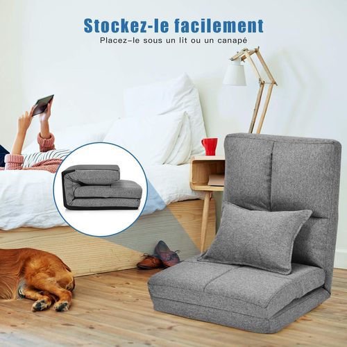 Chaise Longue Réglable Fauteuil Relax De Sol Matelas Pliant,Canapé Paresseux Avec Pouf,Gris