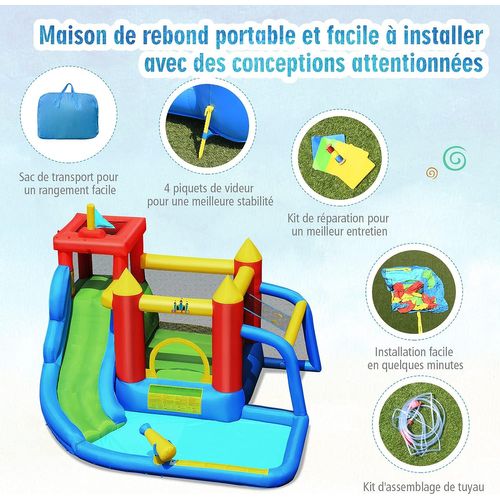 Château Gonflable 7 En 1 Avec Souffleur 450w Toboggan Aquatique Aire De Saut Mur D'escalade Kit