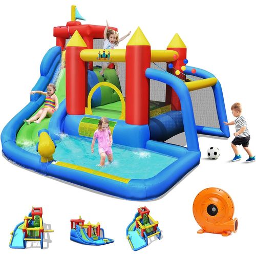 Château Gonflable 7 En 1 Avec Souffleur 450w Toboggan Aquatique Aire De Saut Mur D'escalade Kit