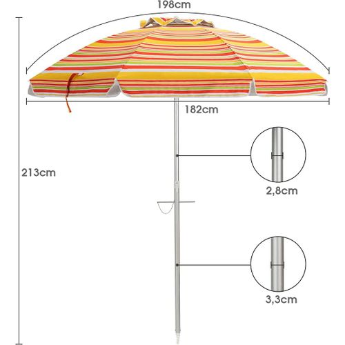 Parasol De Plage Inclinable Ø198 Cm Protection Uv 50+ Avec Bouton Poussoir Et Sac De Transport