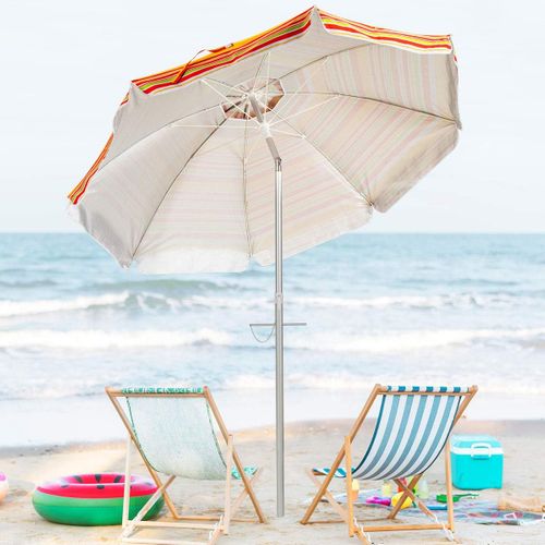 Parasol De Plage Inclinable Ø198 Cm Protection Uv 50+ Avec Bouton Poussoir Et Sac De Transport