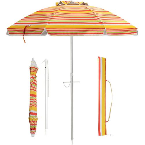 Parasol De Plage Inclinable Ø198 Cm Protection Uv 50+ Avec Bouton Poussoir Et Sac De Transport