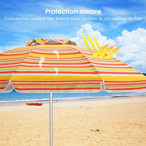 Parasol De Plage Inclinable Ø198 Cm Protection Uv 50+ Avec Bouton Poussoir Et Sac De Transport