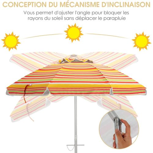 Parasol De Plage Inclinable Ø198 Cm Protection Uv 50+ Avec Bouton Poussoir Et Sac De Transport