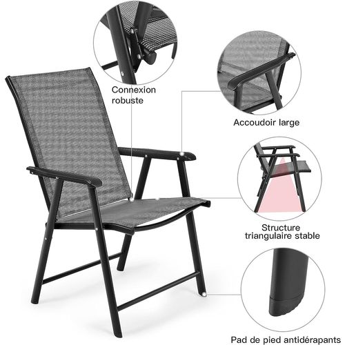 Lot De 2 Chaises De Jardin Pliantes Avec Accoudoir Dossier Haut Cadre En Métal Charge 100 Kg Pour E