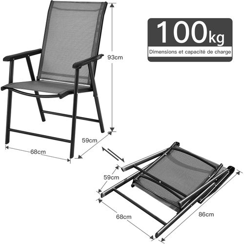 Lot De 2 Chaises De Jardin Pliantes Avec Accoudoir Dossier Haut Cadre En Métal Charge 100 Kg Pour E