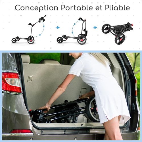 Chariot De Golf à 3 Roues Pliable Avec Poignée Réglable Porte-parapluie Et Porte-tee