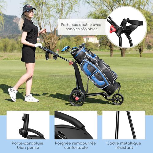 Chariot De Golf à 3 Roues Pliable Avec Poignée Réglable Porte-parapluie Et Porte-tee