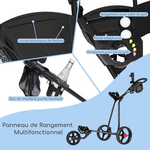 Chariot De Golf à 3 Roues Pliable Avec Poignée Réglable Porte-parapluie Et Porte-tee