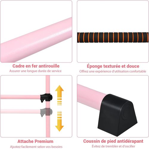 Double Barre De Danse Classique Hauteur Réglable 20-119cm Avec Eponge Base Rotative Charge Max 50kg