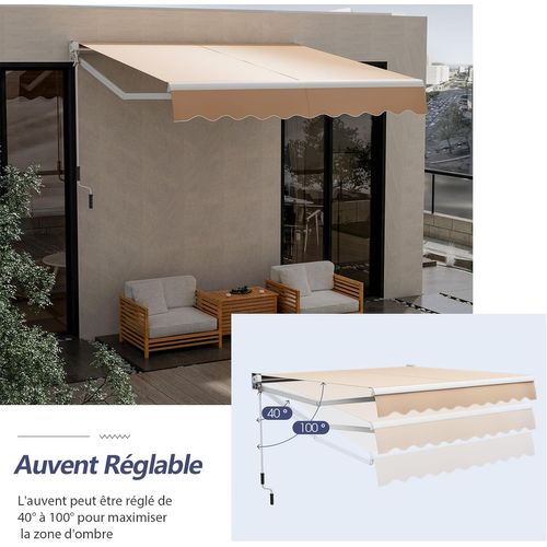 Store Banne Auvent Rétractable Manuel 295x250cm Ajustable 40°-100°pour Fenêtre Balcon Jardin Beige