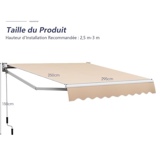 Store Banne Auvent Rétractable Manuel 295x250cm Ajustable 40°-100°pour Fenêtre Balcon Jardin Beige