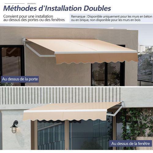 Store Banne Auvent Rétractable Manuel 295x250cm Ajustable 40°-100°pour Fenêtre Balcon Jardin Beige