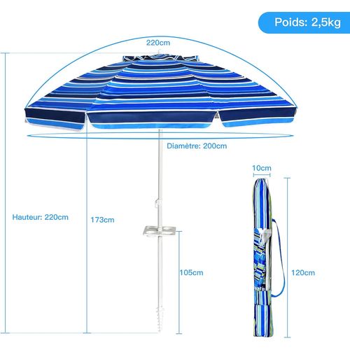 Parasol De Plage Inclinable 2,2 M Avec Porte-gobelet Et Protection Solaire Upf50+, Parasol Portable