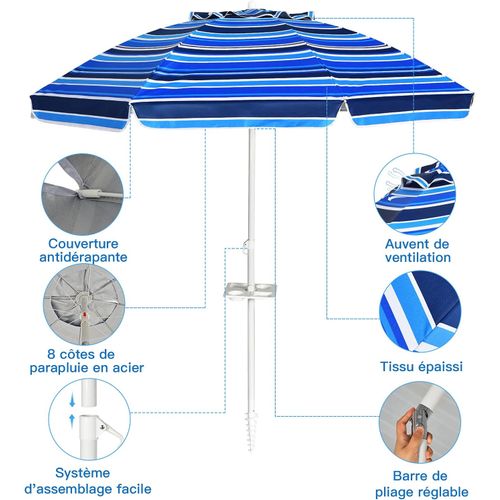 Parasol De Plage Inclinable 2,2 M Avec Porte-gobelet Et Protection Solaire Upf50+, Parasol Portable