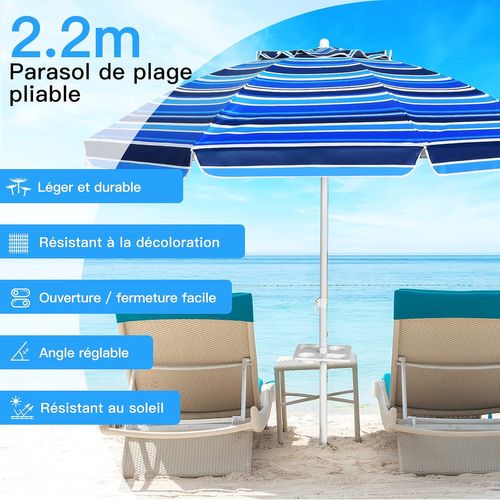 Parasol De Plage Inclinable 2,2 M Avec Porte-gobelet Et Protection Solaire Upf50+, Parasol Portable