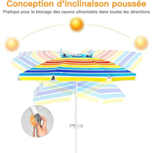 Parasol Pliable 2,2m Mécanisme Inclinable 30° Avec Porte-gobelet Fixation