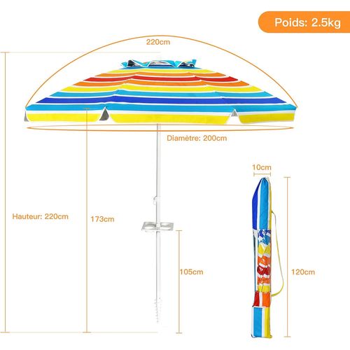 Parasol Pliable 2,2m Mécanisme Inclinable 30° Avec Porte-gobelet Fixation