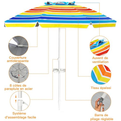 Parasol Pliable 2,2m Mécanisme Inclinable 30° Avec Porte-gobelet Fixation