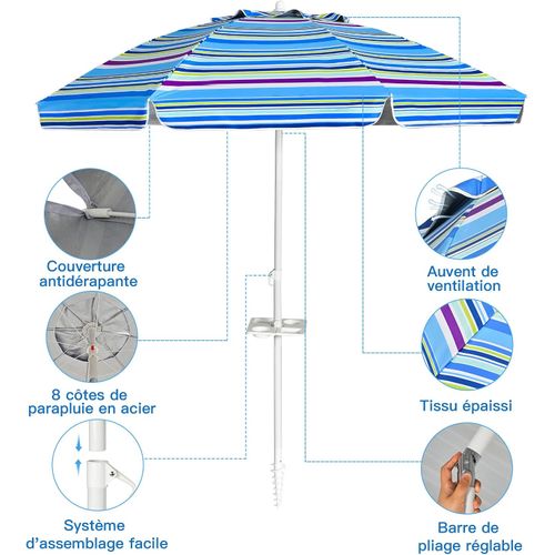 Parasol Pliable 2,2m Mécanisme Inclinable 30° Avec Porte-gobelet Fixation Bleu