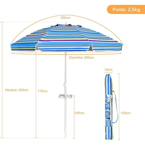 Parasol Pliable 2,2m Mécanisme Inclinable 30° Avec Porte-gobelet Fixation Bleu