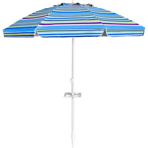Parasol Pliable 2,2m Mécanisme Inclinable 30° Avec Porte-gobelet Fixation Bleu