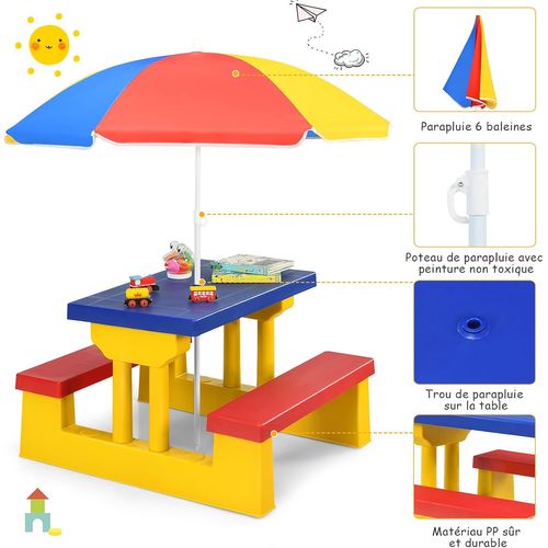 Ensemble Salon De Jardin Pour Enfant Table Et 2 Bancs Avec Parasol En Bois Meuble Extérieur