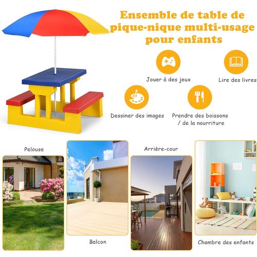 Ensemble Salon De Jardin Pour Enfant Table Et 2 Bancs Avec Parasol En Bois Meuble Extérieur