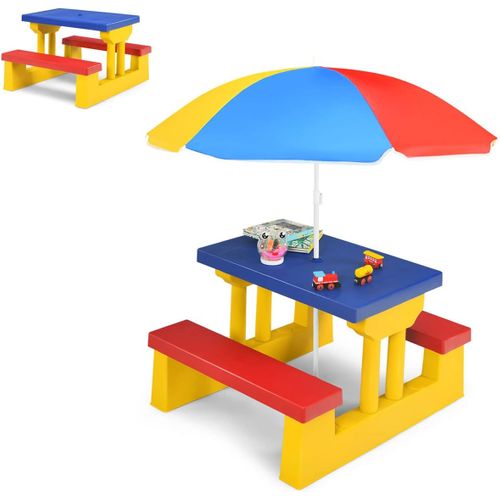 Ensemble Salon De Jardin Pour Enfant Table Et 2 Bancs Avec Parasol En Bois Meuble Extérieur
