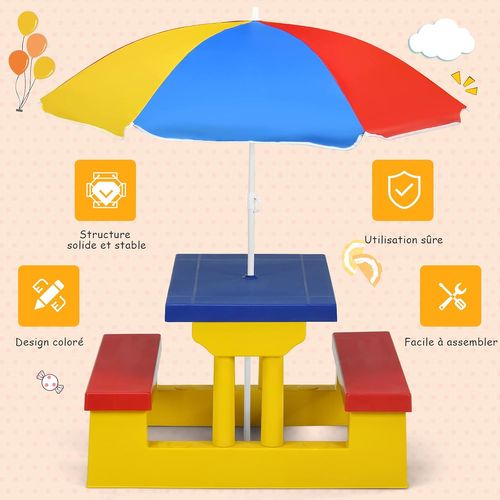 Ensemble Salon De Jardin Pour Enfant Table Et 2 Bancs Avec Parasol En Bois Meuble Extérieur
