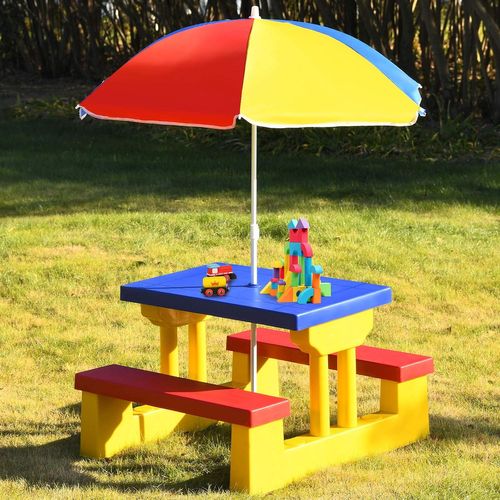 Ensemble Salon De Jardin Pour Enfant Table Et 2 Bancs Avec Parasol En Bois Meuble Extérieur