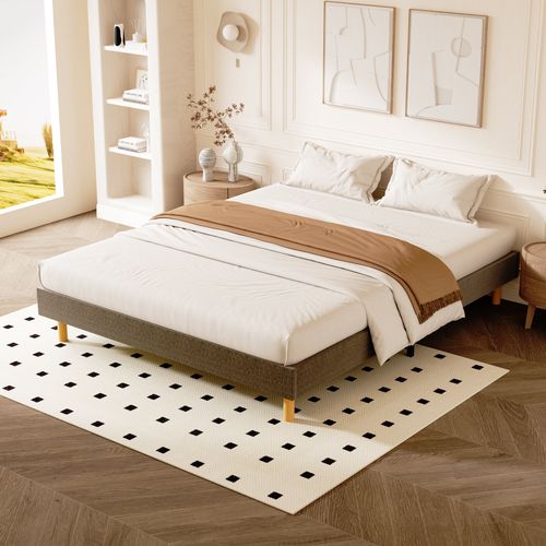 Cadre De Lit Rembourré Marron 140 X 190 Cm, 14 Lattes, 9 Pieds, Hauteur 29 Cm