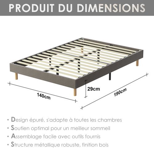 Cadre De Lit Rembourré Marron 140 X 190 Cm, 14 Lattes, 9 Pieds, Hauteur 29 Cm