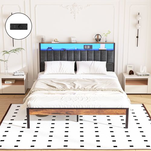 Cadre De Lit 140 X 190 Avec Base En Métal, Lit 2 Personnes, Avec Lumières LED Et Prises Multiples