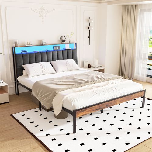 Cadre De Lit 140 X 190 Avec Base En Métal, Lit 2 Personnes, Avec Lumières LED Et Prises Multiples