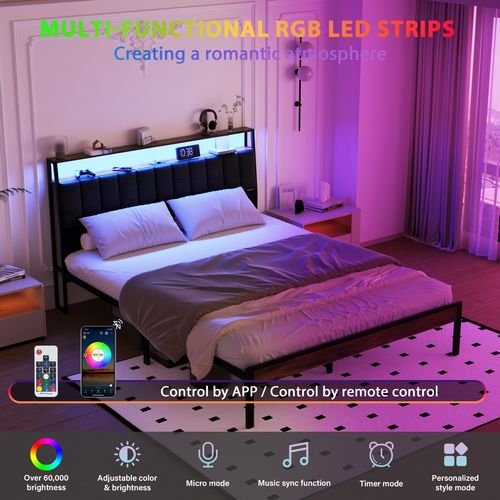Cadre De Lit 160 X 200 Avec Base En Métal, Lit 2 Personnes, Avec Lumières LED Et Prises Multiples