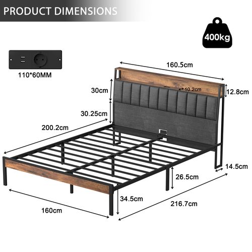 Cadre De Lit 160 X 200 Avec Base En Métal, Lit 2 Personnes, Avec Lumières LED Et Prises Multiples